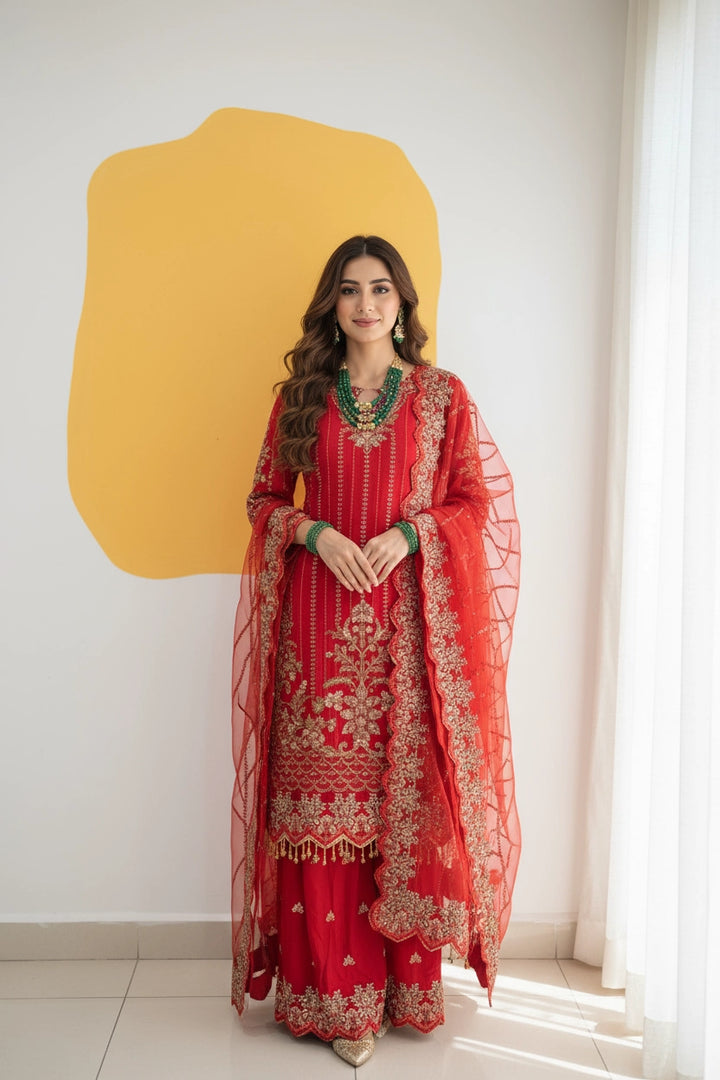 334B - RED CHIFFON EMBROIDERED SUIT