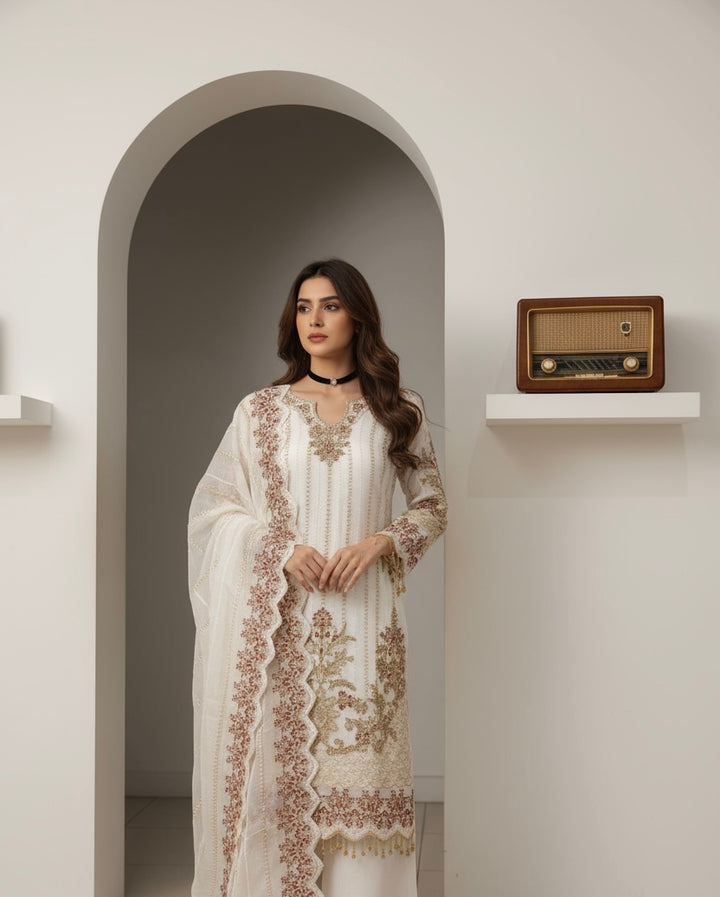 334D - OFF-WHITE CHIFFON EMBROIDERED SUIT