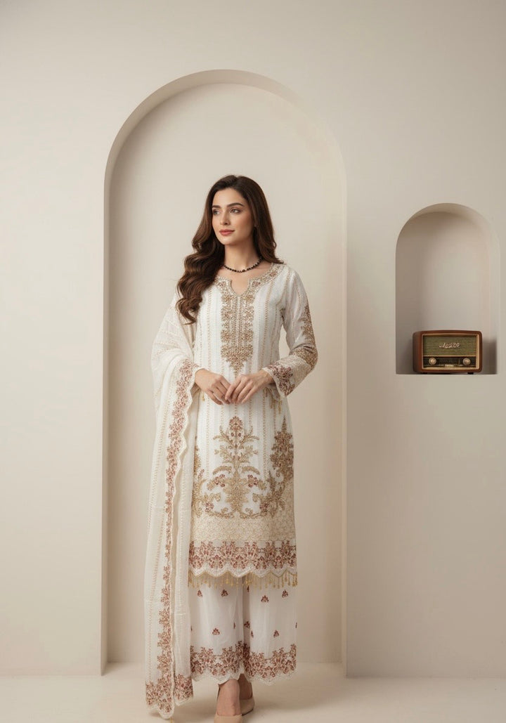 334D - OFF-WHITE CHIFFON EMBROIDERED SUIT