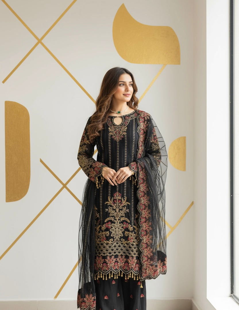 334C - BLACK CHIFFON EMBROIDERED SUIT
