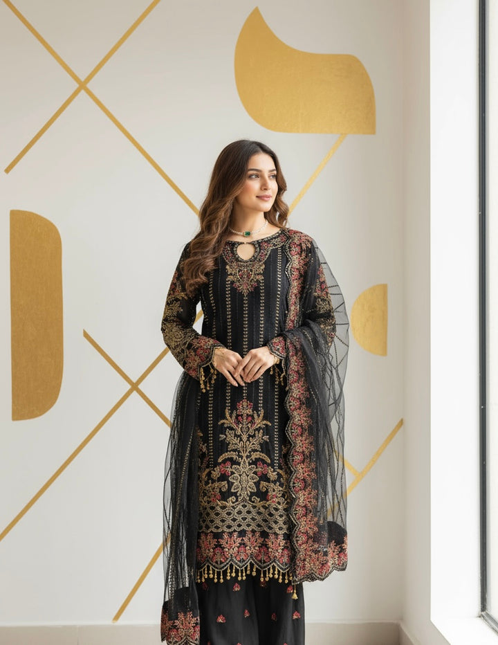 334C - BLACK CHIFFON EMBROIDERED SUIT