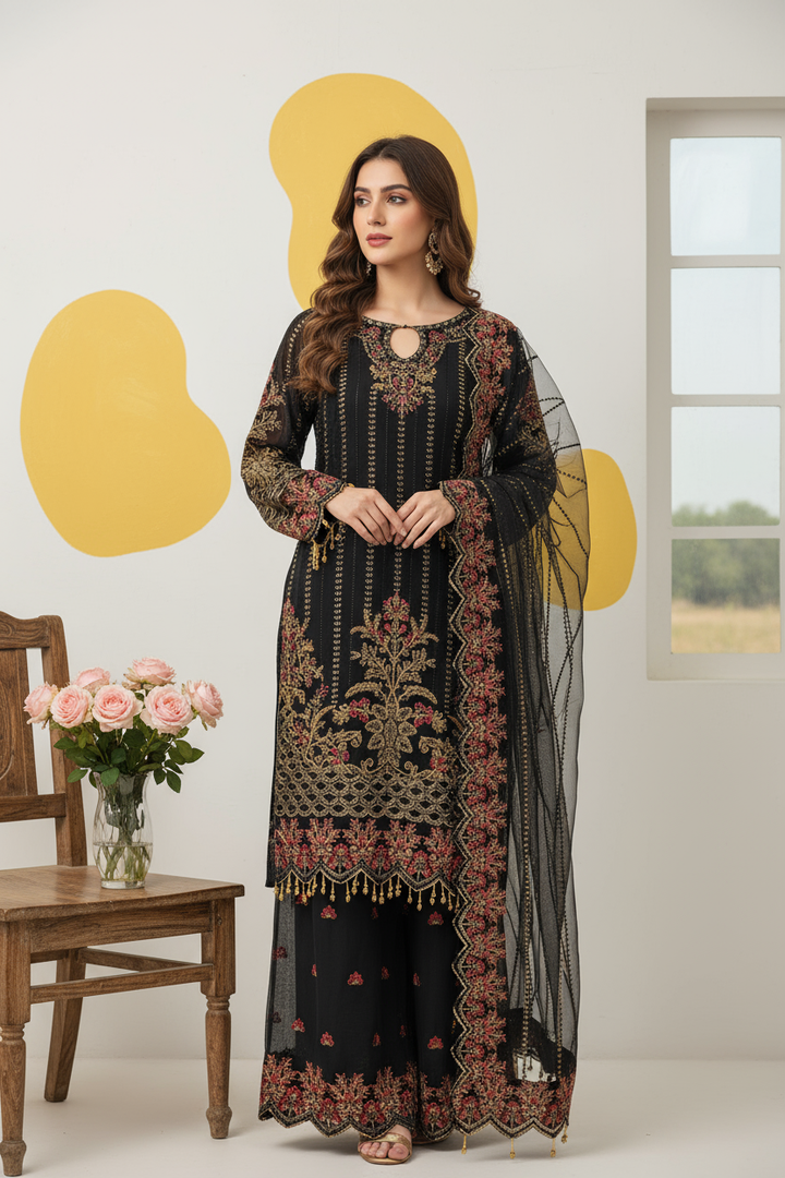 334C - BLACK CHIFFON EMBROIDERED SUIT