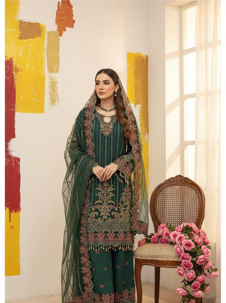 334E - GREEN CHIFFON EMBROIDERED SUIT