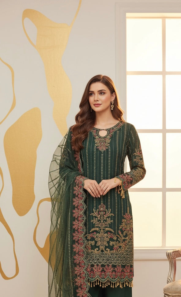 334E - GREEN CHIFFON EMBROIDERED SUIT