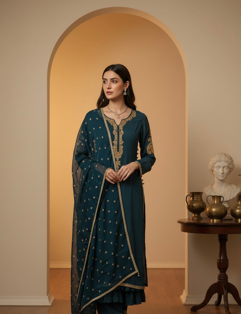 332A- TEAL CHIFFON EMBROIDERED SUIT