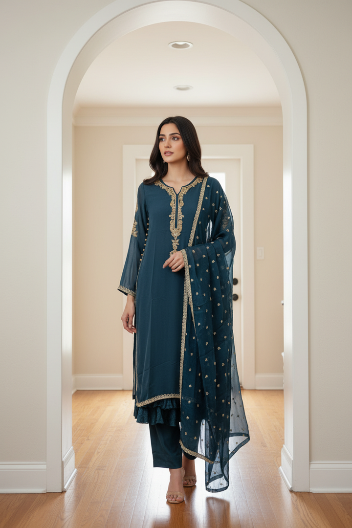 332A- TEAL CHIFFON EMBROIDERED SUIT