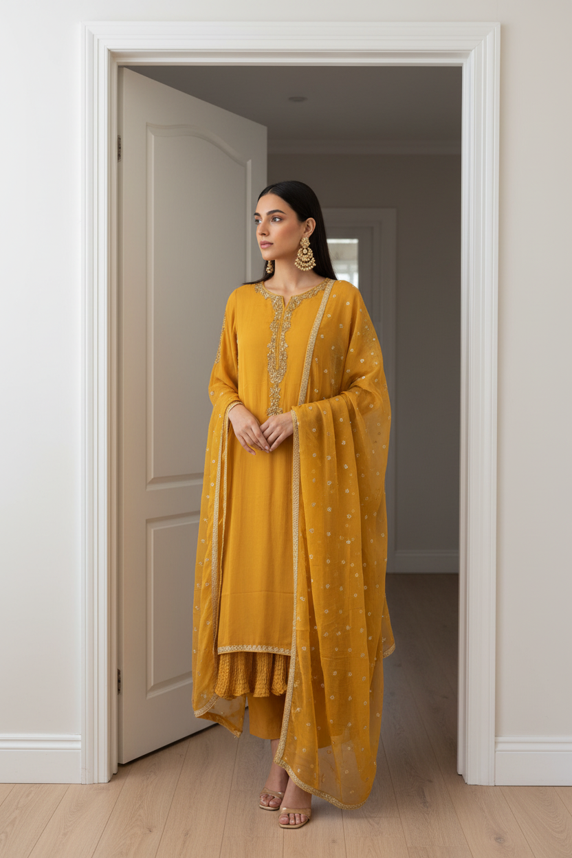 332D - MUSTARD CHIFFON EMBROIDERED SUIT