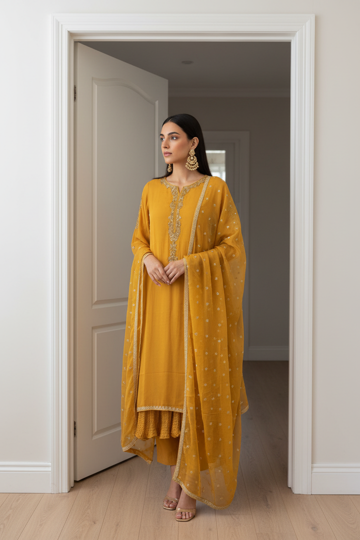 332D - MUSTARD CHIFFON EMBROIDERED SUIT