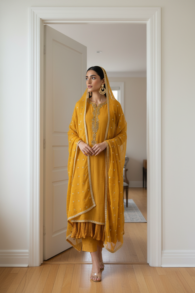 332D - MUSTARD CHIFFON EMBROIDERED SUIT