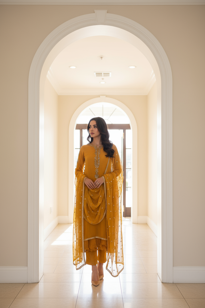 332D - MUSTARD CHIFFON EMBROIDERED SUIT