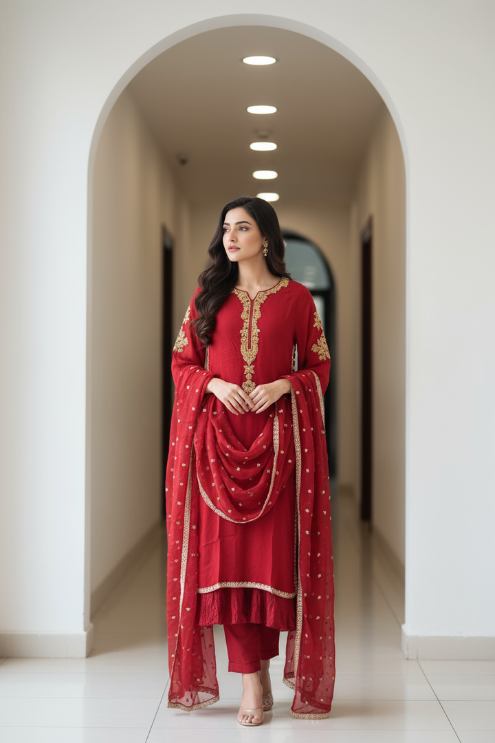 332B - RED CHIFFON EMBROIDERED SUIT
