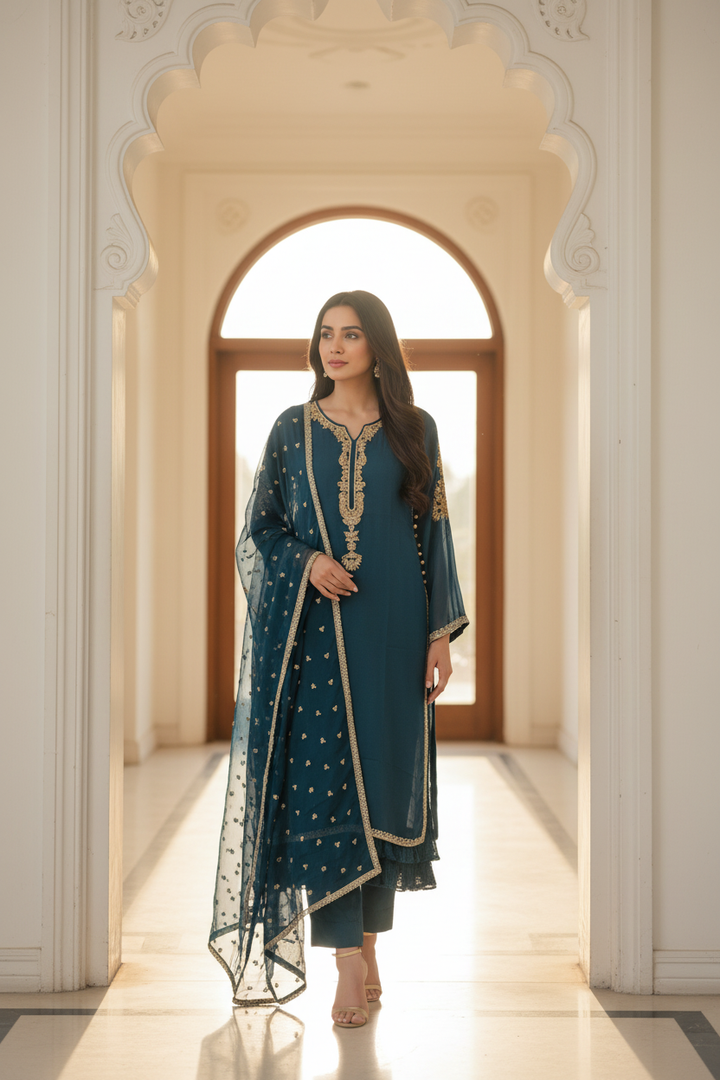 332A- TEAL CHIFFON EMBROIDERED SUIT