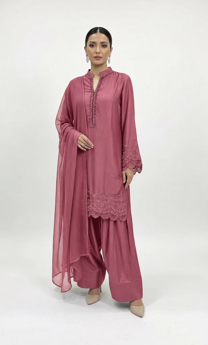 1116F - Dusty Rose Viscose Silk Shirt with Farshi Shalwar & Chiffon Dupatta - East meets west clothing 