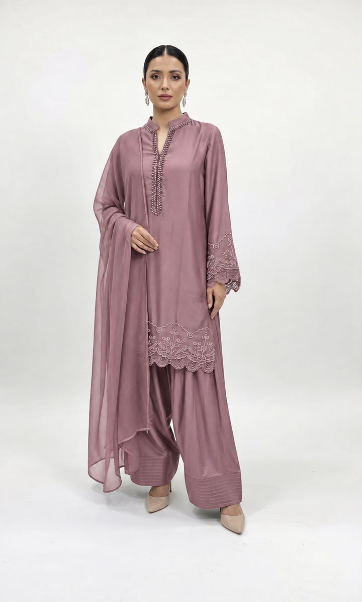 1116G - Muted purple Viscose Silk Shirt with Farshi Shalwar & Chiffon Dupatta - East meets west clothing 