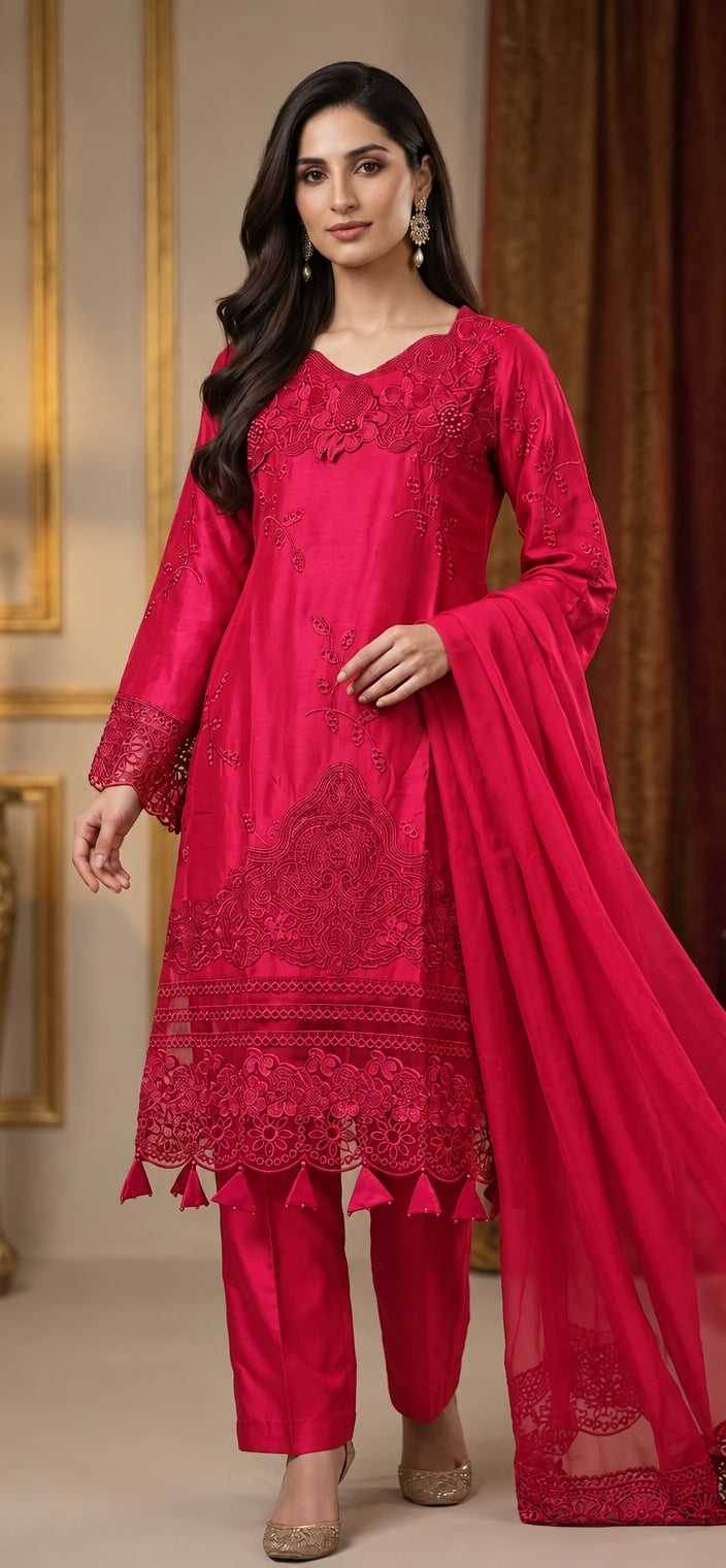 1115C - Hot Pink Embroidered Viscose 3 Piece suit - East meets west clothing 