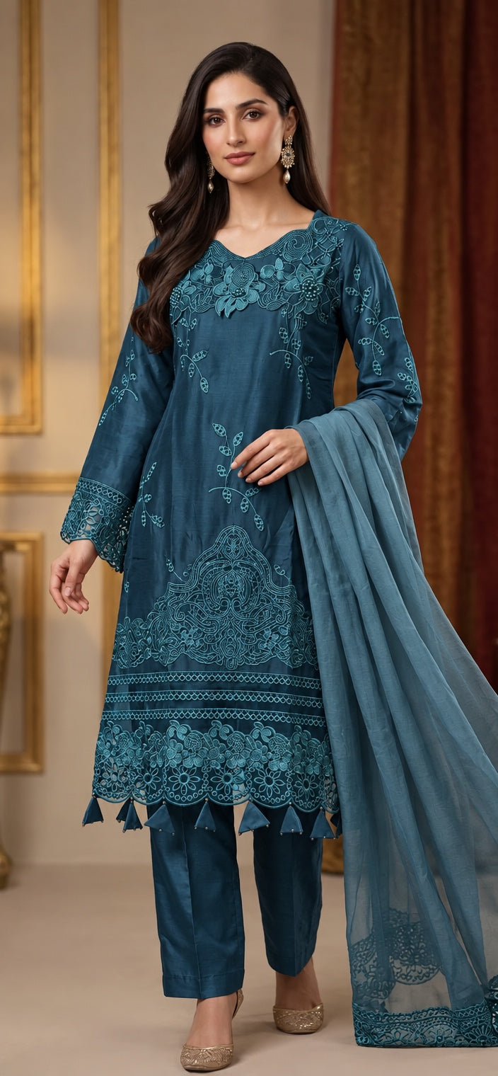 1115D - Teal Embroidered Viscose 3 Piece suit - East meets west clothing 