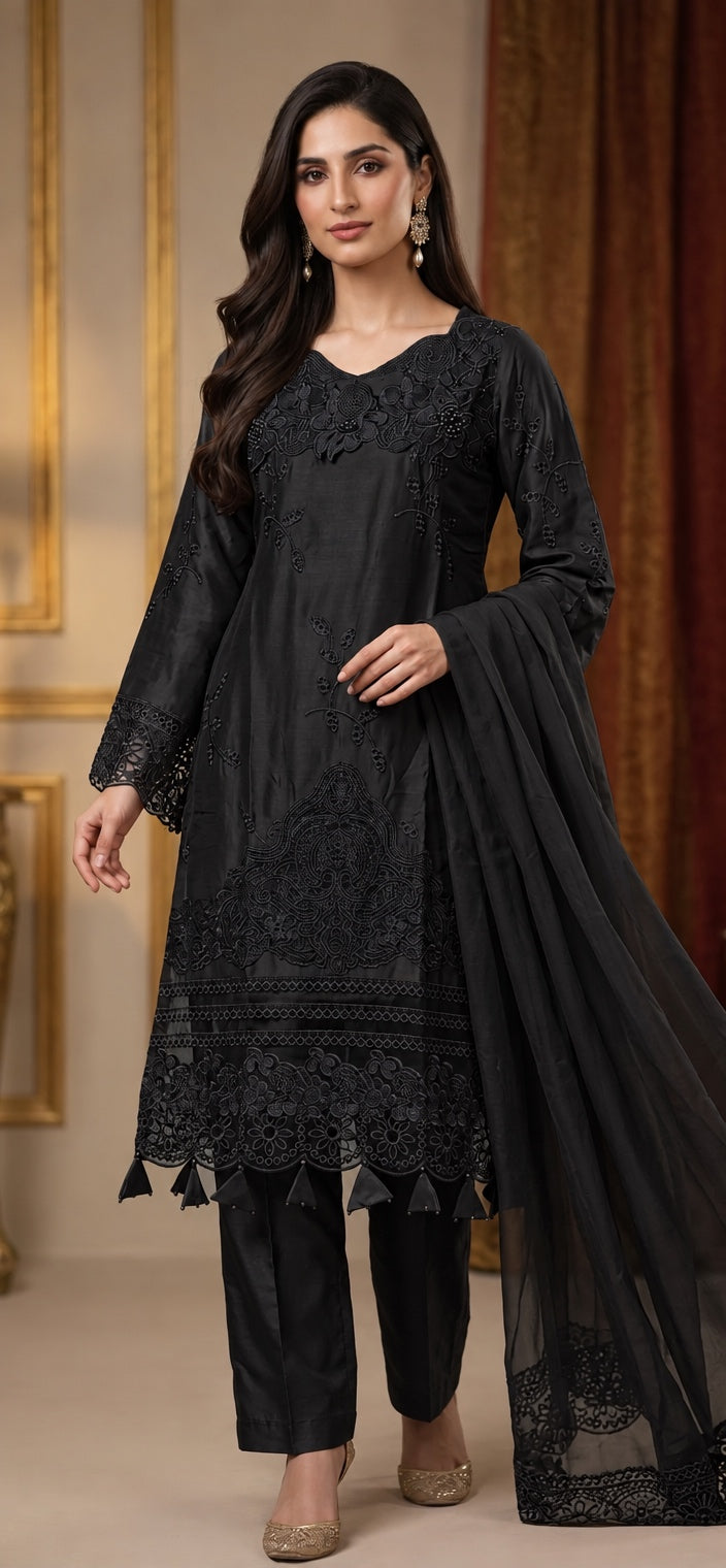 1115E - Black Embroidered Viscose 3 Piece suit - East meets west clothing 