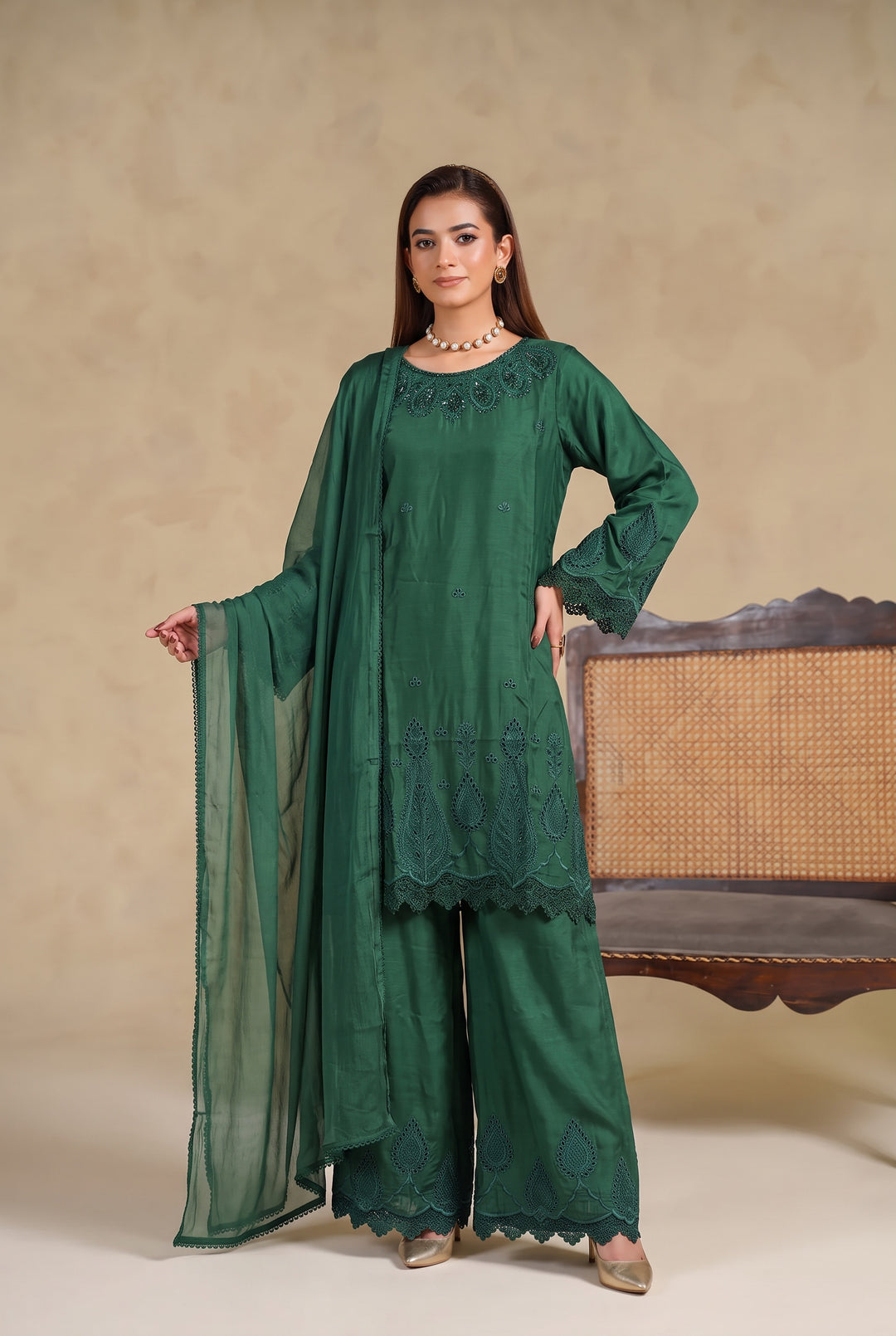 1134C - Green Viscose Embroidered Pakistani Suit with Palazzo