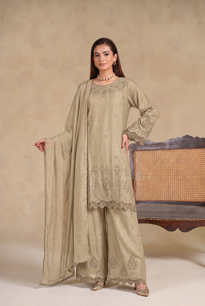 1134A - Beige Viscose Embroidered Pakistani Suit with Palazzo & Chiffon Dupatta