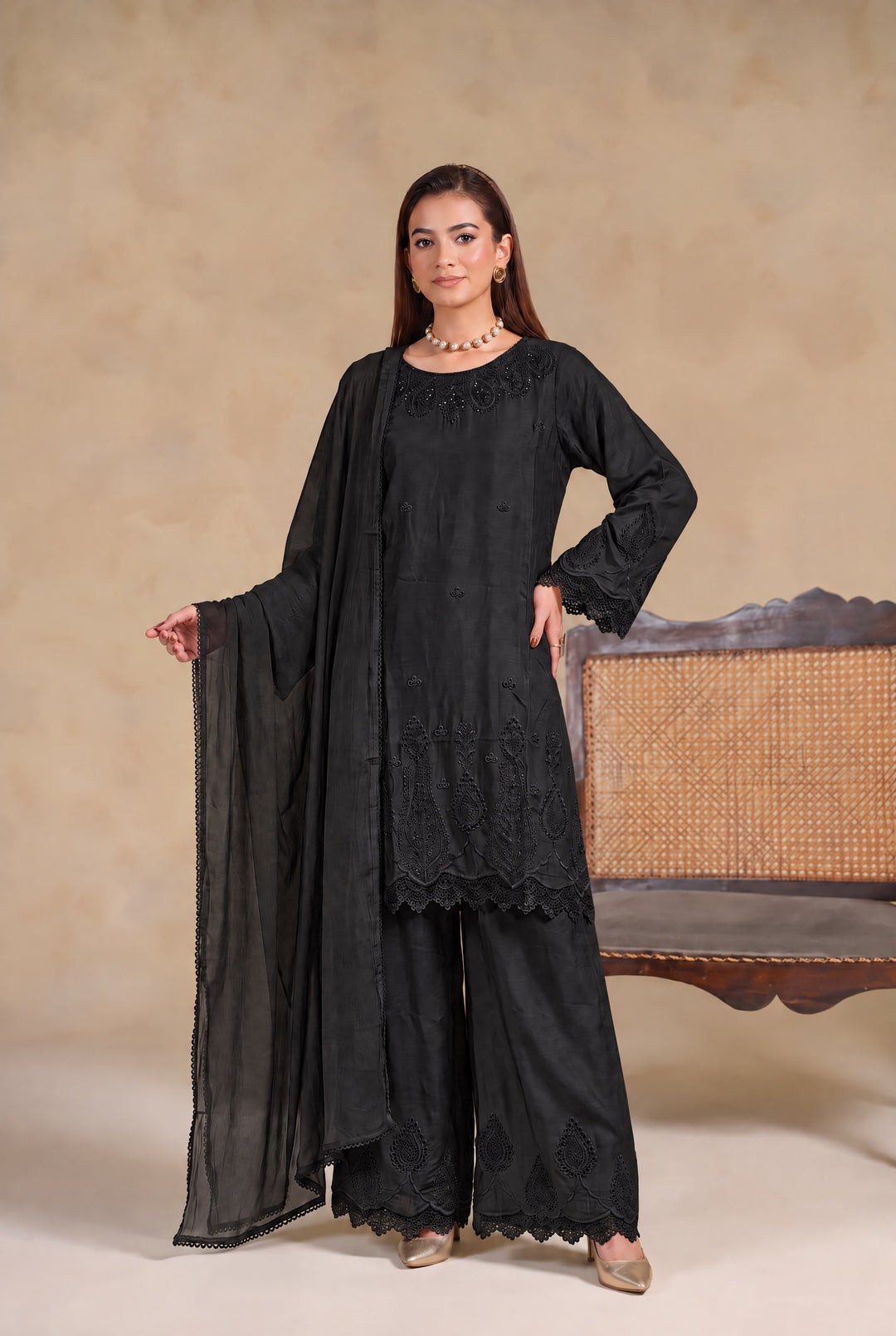 1134B - Black Viscose Embroidered Pakistani Suit with Palazzo