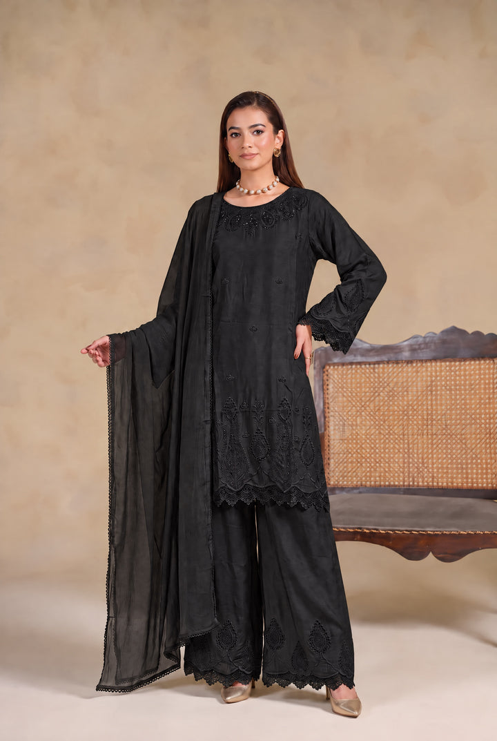1134B - Black Viscose Embroidered Pakistani Suit with Palazzo