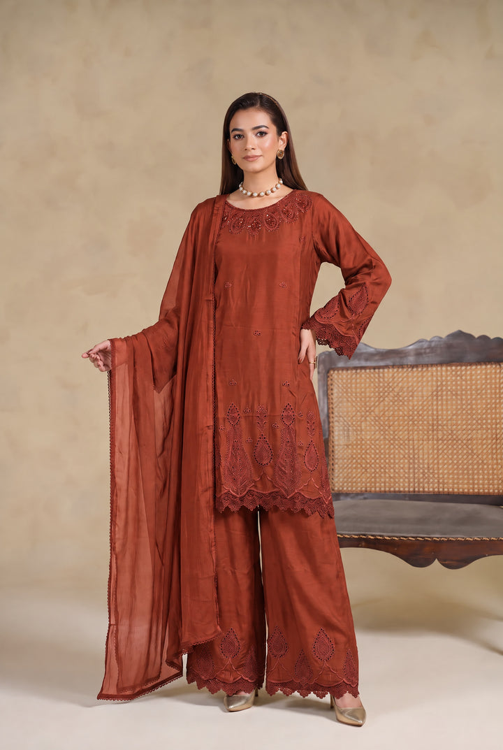 1134D - Rust Viscose Embroidered Pakistani Suit with Palazzo