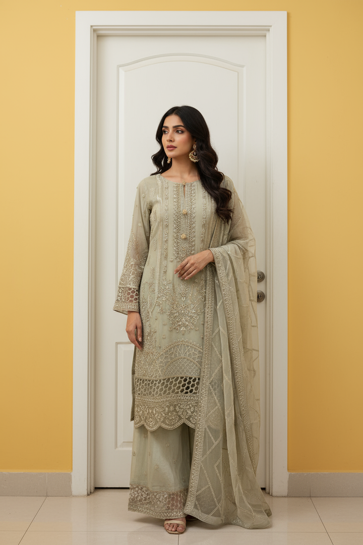 335B - Light Green Embroidered Chiffon 3 Piece Suit