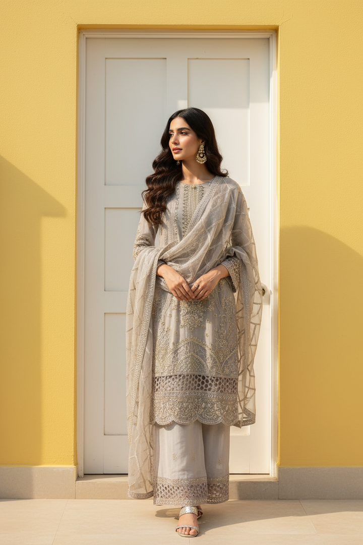 335C- Grey Embroidered Chiffon 3 Piece Suit