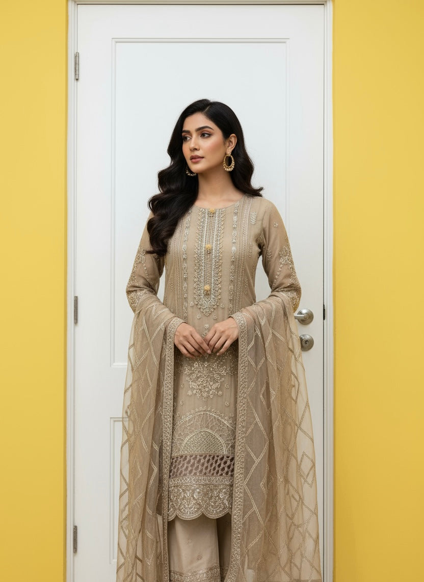 335D - Beige Gold Embroidered Chiffon 3 Piece Suit