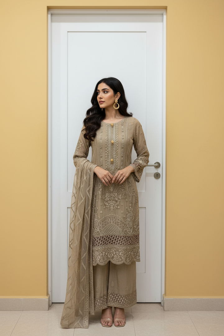 335D - Beige Gold Embroidered Chiffon 3 Piece Suit