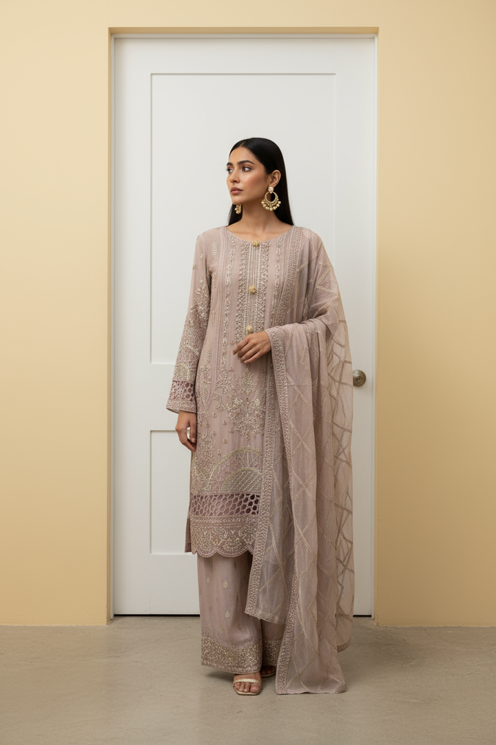 335A - Dusty Pink Embroidered Chiffon 3 Piece Suit
