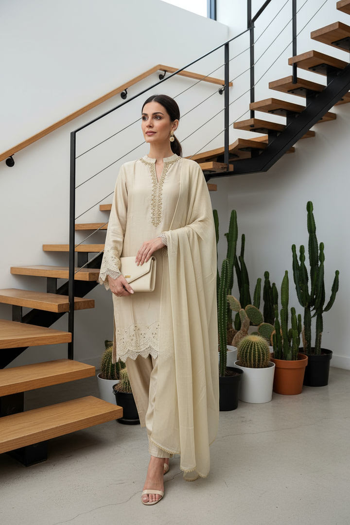 LF01 - Cream Farshi Shalwar Embroidered linen suit
