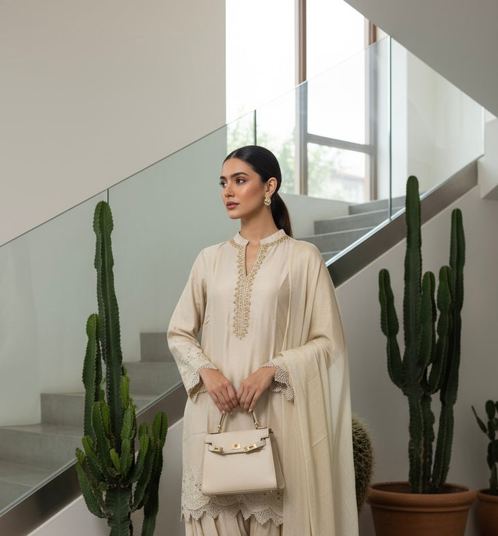 LF01 - Cream Farshi Shalwar Embroidered linen suit