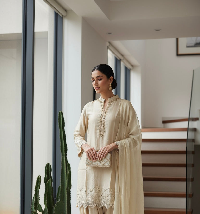LF01 - Cream Farshi Shalwar Embroidered linen suit