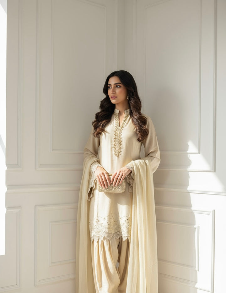 LF01 - Cream Farshi Shalwar Embroidered linen suit