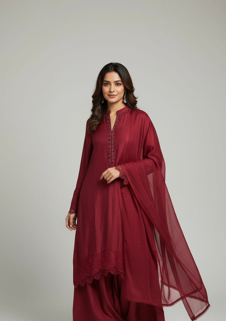 LF05 - Red Farshi Shalwar Embroidered linen suit