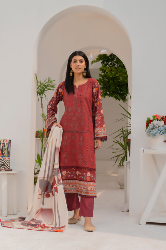 EMBROIDERED PRINTED KHADDER 3 PIECE SUIT NK09