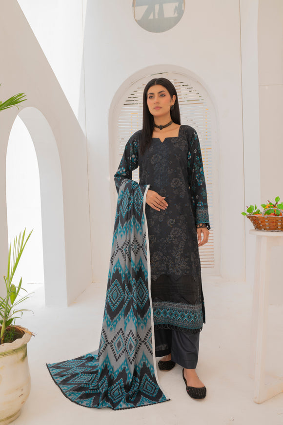 EMBROIDERED PRINTED KHADDER 3 PIECE SUIT NK01