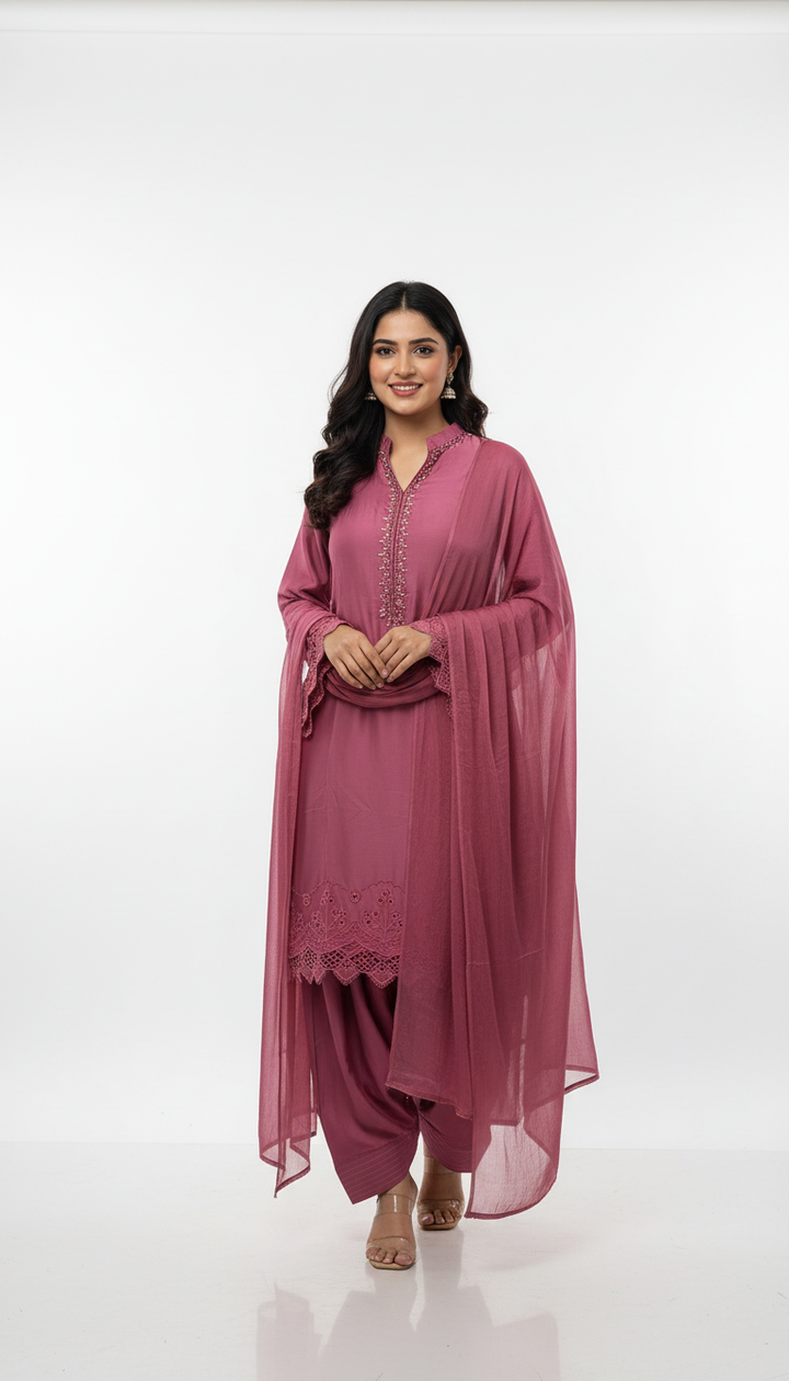 LF02 - Pink Farshi Shalwar Embroidered linen suit