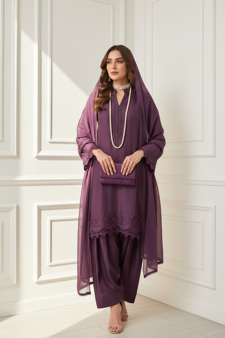 LF03 - Purple Farshi Shalwar Embroidered linen suit