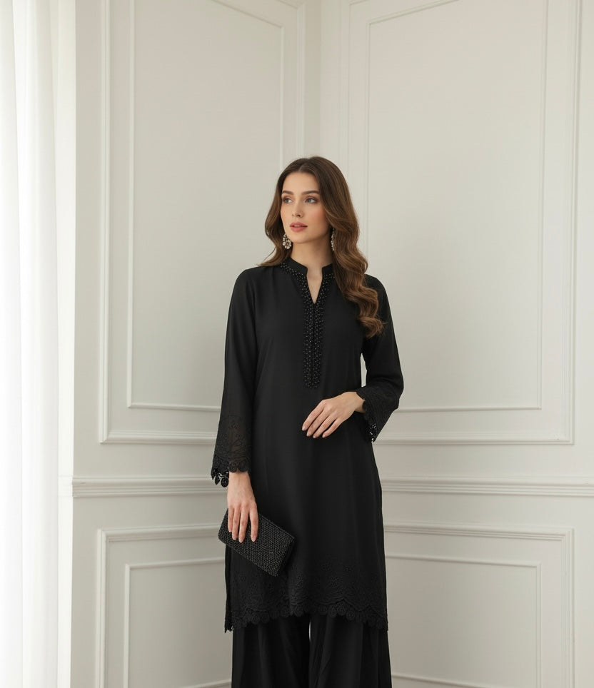 LF04 - Black Farshi Shalwar Embroidered linen suit
