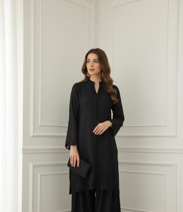 LF04 - Black Farshi Shalwar Embroidered linen suit