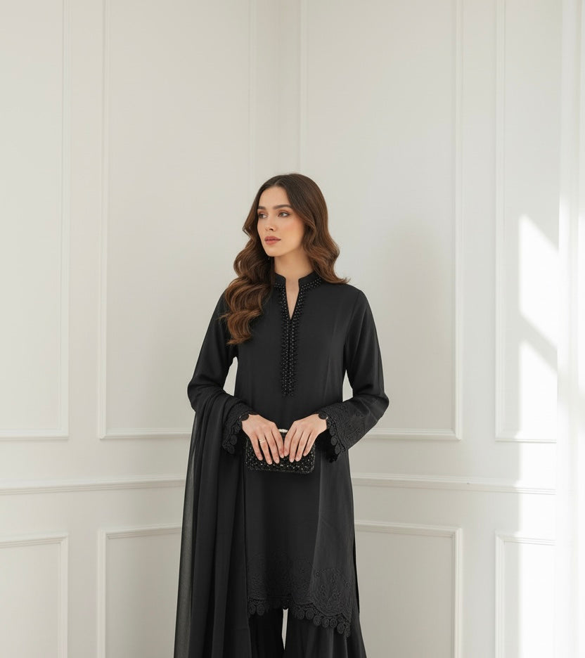 LF04 - Black Farshi Shalwar Embroidered linen suit