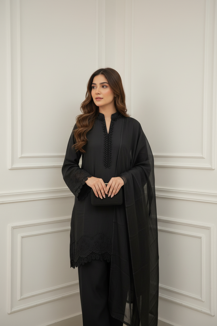 LF04 - Black Farshi Shalwar Embroidered linen suit