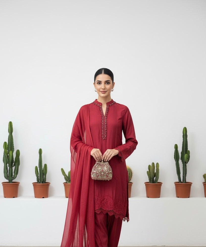 LF05 - Red Farshi Shalwar Embroidered linen suit