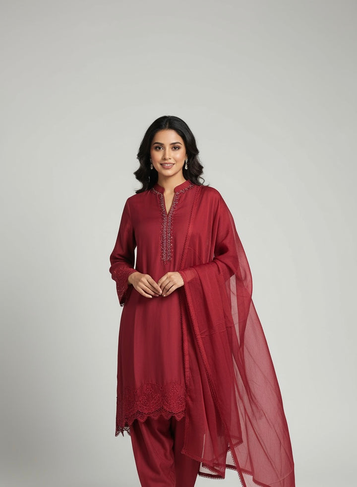 LF05 - Red Farshi Shalwar Embroidered linen suit