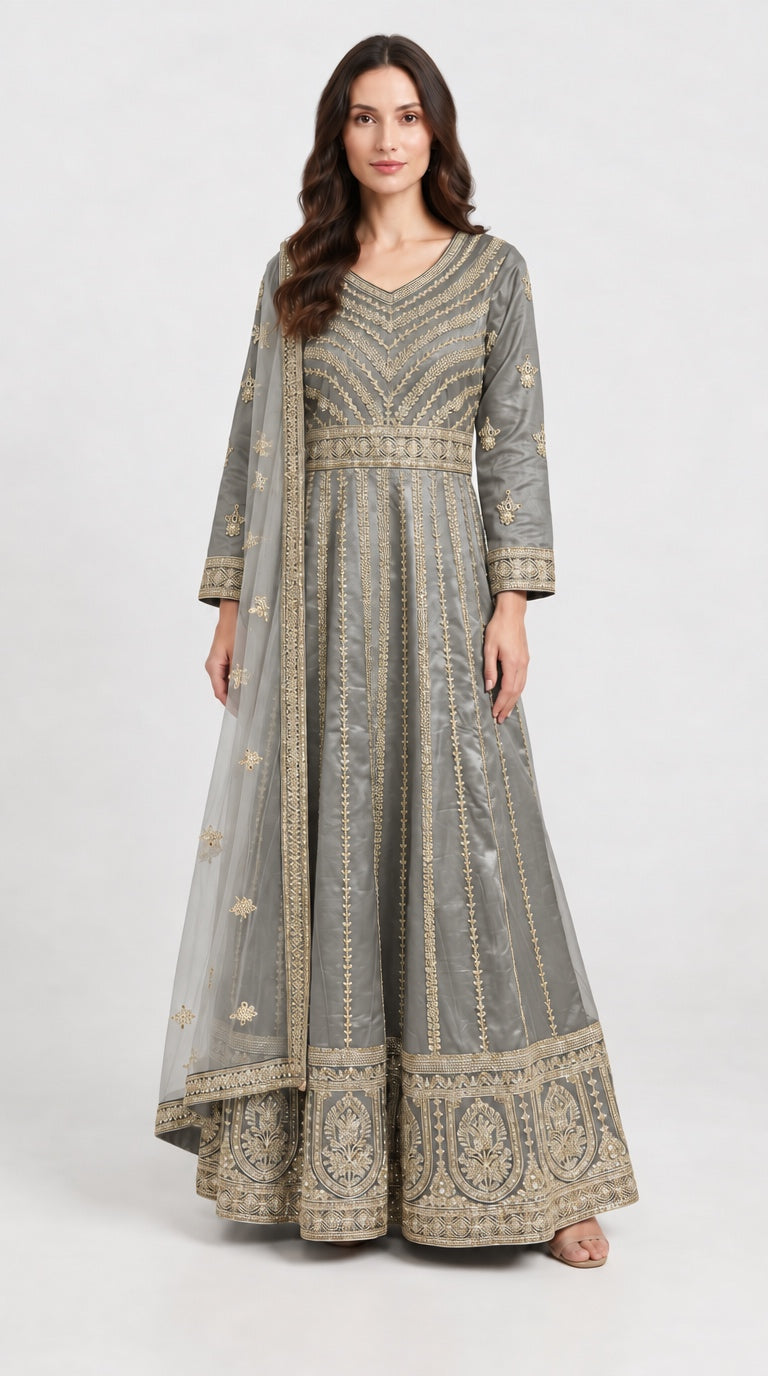 134A - Grey Net Embroidered Maxi Dress