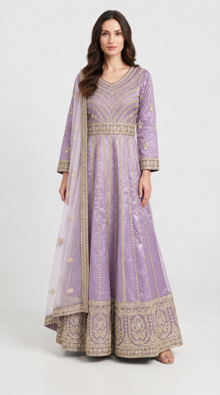 134C - Lilac Net Embroidered Maxi Dress