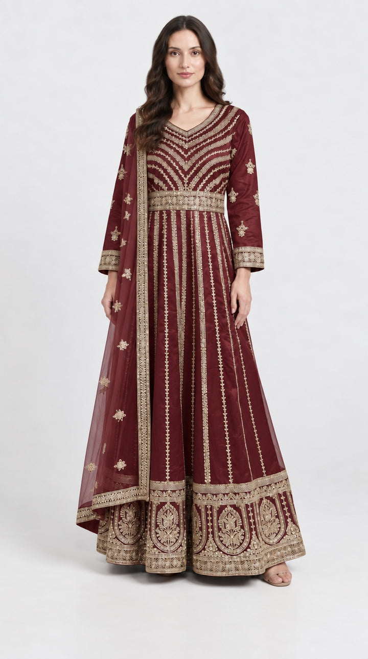 134D - Maroon Net  Embroidered Maxi Dress