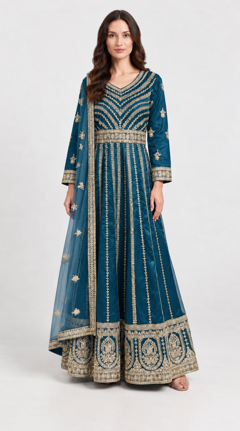 134E - Teal Net  Embroidered Maxi Dress